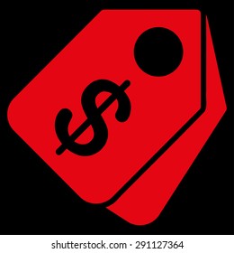 Price Tags icon from Commerce Set. Vector style: flat symbol, red color, rounded angles, black background.
