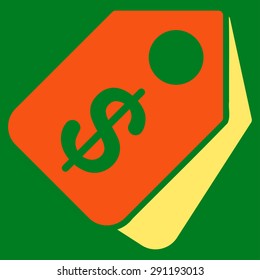 Price Tags icon from Commerce Set. Vector style: bicolor flat symbol, orange and yellow colors, rounded angles, green background.
