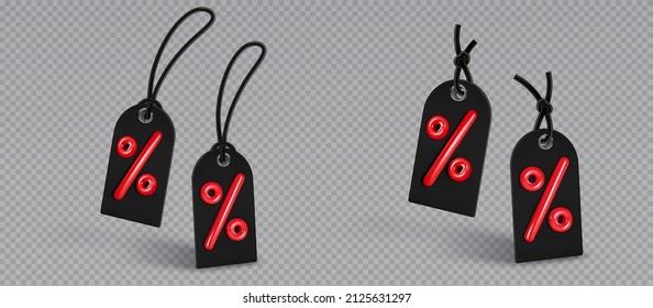Price tags with percent and cord. Discount label or sale tag. Special offer, promotional sale badge. Paper sticker.