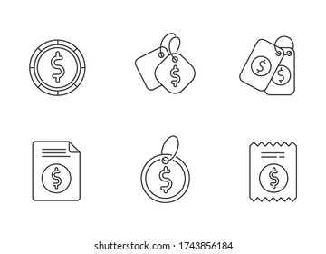 Price tags pixel perfect linear icons set. Label for purchased merchandise. Supermarket checkout. Customizable thin line contour symbols. Isolated vector outline illustrations. Editable stroke