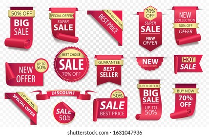 Price tags, red ribbon banners. Sale promotion, website stickers, new offer badge collection isolated. Vector illustration.