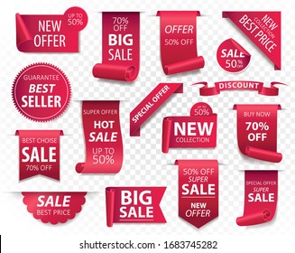 Price tags, red ribbon banners. Sale promotion, website stickers, new offer badge collection isolated. Vector illustration.