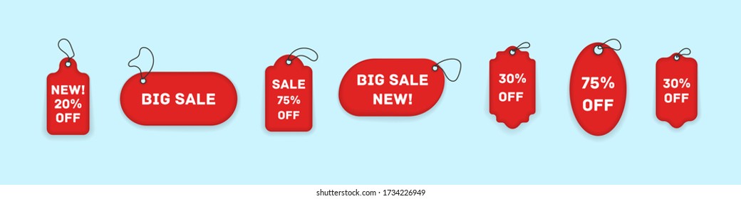 Price tags, red ribbon banners. Stickers for tags, labels sale posters and banners sticker icons templates. Realistic discount, best choice price. Vector illustration, EPS 10.