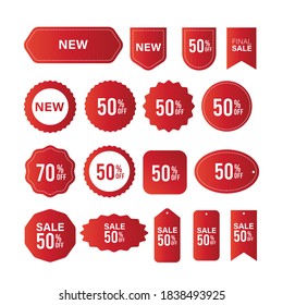 Price tags, red ribbon banners. Sale promotion, website stickers, new offer badge collection isolated. 