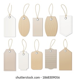 Price tags. Set of blank gift box tags or sale shopping labels with rope. Vector illustration.