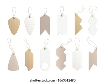 Price tags. Set of labels with cord. Paper price or gift tags in different shapes. Empty organic style stickers. Kraft realistic material