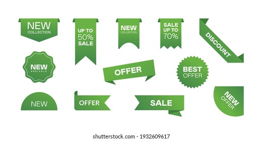 Price tags vector collection. Green color sale banners isolated. New collection offers.