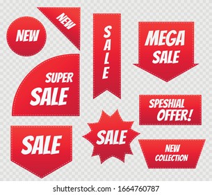 Colección vectorial de etiquetas de precio. Nuevas ofertas de colección. Un juego de banderas de venta de papel rojo.