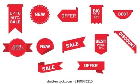 Price tags vector collection. online shopping web banners. Order now icons of corner bookmarks, tags, flags and curved ribbons of red silk