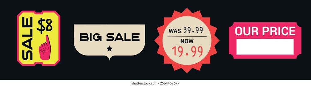 Price tags vector set. Price stickers. Peeled paper stickers. Best price labels. Badges of price reduction or discount. Sale stickers Isolated on black background.  Different shapes