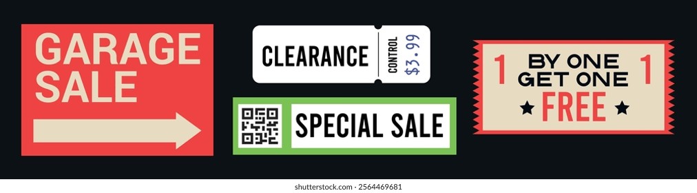 Price tags vector set. Price stickers. Peeled paper stickers. Best price labels. Badges of price reduction or discount. Sale stickers Isolated on black background.  Different shapes