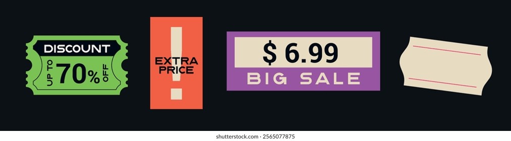 Price tags vector set. Price stickers. Peeled paper stickers. Best price labels. Badges of price reduction or discount. Sale stickers Isolated on black background. Scalable illustration. 