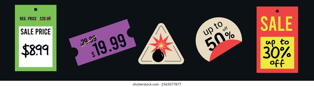 Price tags vector set. Price stickers. Peeled paper stickers. Best price labels. Badges of price reduction or discount. Sale stickers Isolated on black background. Scalable illustration. 