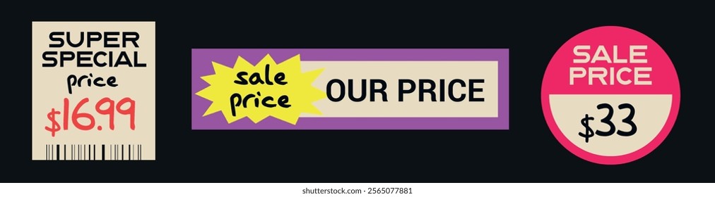 Price tags vector set. Price stickers. Peeled paper stickers. Best price labels. Badges of price reduction or discount. Sale stickers Isolated on black background. Scalable illustration. 