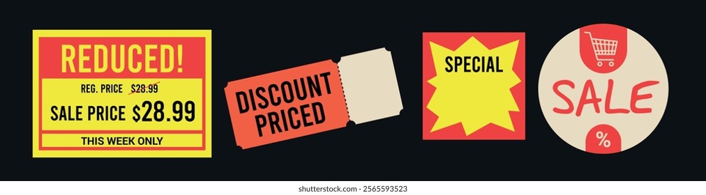 Price tags vector set. Price stickers. Peeled paper stickers. Best price labels. Badges of price reduction or discount. Sale stickers Isolated on black background. Scalable illustration. 