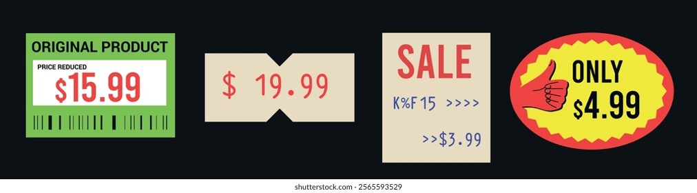 Price tags vector set. Price stickers. Peeled paper stickers. Best price labels. Badges of price reduction or discount. Sale stickers Isolated on black background. Scalable illustration. 