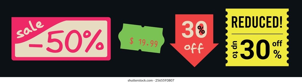 Price tags vector set. Price stickers. Peeled paper stickers. Best price labels. Badges of price reduction or discount. Sale stickers Isolated on black background. Scalable illustration. 