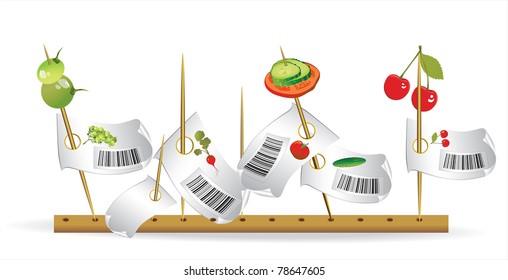 price tags for vegetables (tomato cucumber radish grape vine)