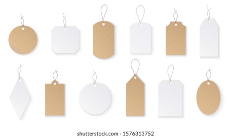 Price tags. White paper blank hanging labels with string. Cardboard shop signs mockups for christmas gifts isolated vector set