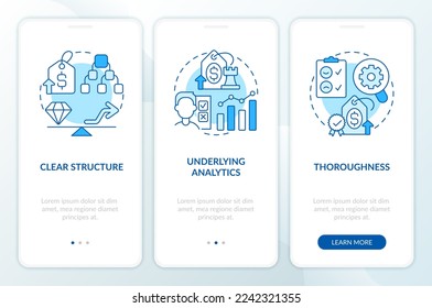 Price testing key factors blue onboarding mobile app screen. Walkthrough 3 steps editable graphic instructions with linear concepts. UI, UX, GUI template. Myriad Pro-Bold, Regular fonts used