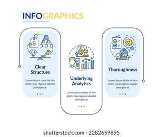 Plantilla infográfica de rectángulo azul para los factores clave de prueba de precios. Visualización de datos con 3 pasos. Gráfico de información de línea de tiempo editable. Diseño de flujo de trabajo con iconos de línea. Lato-Bold, fuentes regulares usadas