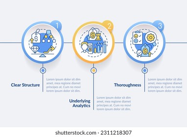 Price testing key factors blue circle infographic template. Data visualization with 3 steps. Editable timeline info chart. Workflow layout with line icons. Lato-Bold, Regular fonts used