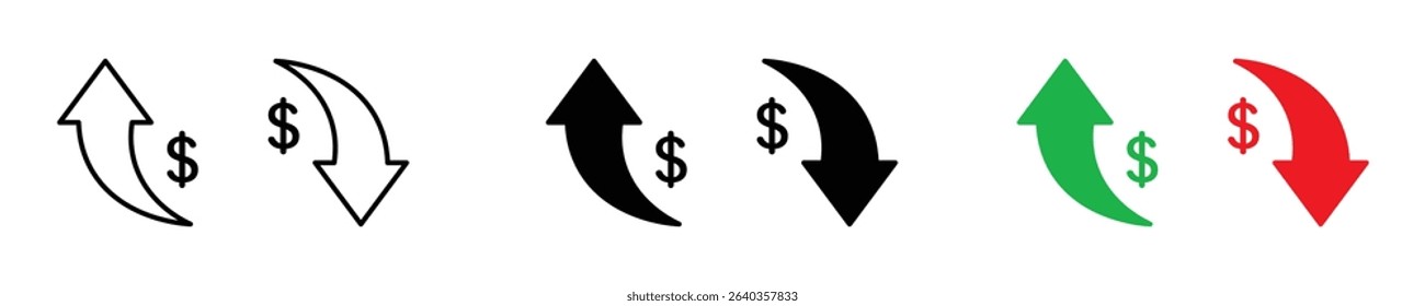 Price trend icons with up and down arrows and dollar symbols representing price increase, decrease, currency movement, and market shifts.