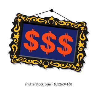 Price and value of art and artwork - abstract painting with symbol of dollar. Frame is on the wall. Business and trade with artistic piece. Vector illustration 