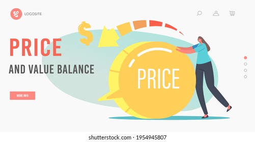 Price And Value Balance Landing Page Template. Customers Satisfaction With Product Cost And Worth. Shopping Offer For Buyers. Female Character Turn Switch Down. Cartoon People Vector Illustration