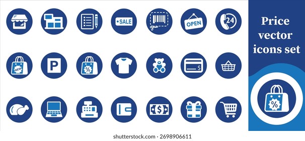 Preis-Vektorsymbol-Set, Preisschild, Rabatt, Verkauf, Angebot, Geld, Kosten, Währung, Dollar, Euro, Pfund, Yen, Preisschild, Barcode, Quittung, Zahlung, Abschluss, Promotion, Prozentsatz und mehr