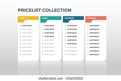Pricelist collection with four choices of free, basic, business, premium