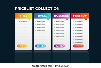Pricelist collection with four choices of free, basic, business, premium