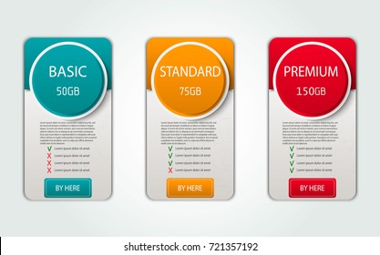 Pricelist, hosting plans and web design boxes of banners. Three banners for tariffs and price lists. Web elements. Plan the hosting. design for a web application.