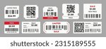 Prices with barcodes. Sticker barcodes system for sale item, row labels with codes and QR code, grocery store product price mark. Vector shopping concept. Goods identification labeling