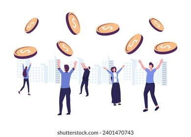 prices are falling big offers. Winning the lottery, people rejoice in the rain of coins flat vector design