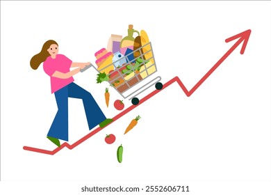 Os preços subiram muito. Aumento dos preços dos alimentos, uma garota com um carrinho. Ilustração simples de cor plana do vetor.