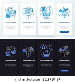 Pricing approaches night and day mode onboarding mobile app screen. Walkthrough 4 steps graphic instructions pages with linear concepts. UI, UX, GUI template. Myriad Pro-Bold, Regular fonts used