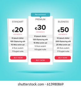 Pricing Business Plans Vector. Collection Of Pricing Plans For Websites And Applications. Hosting Table Banner. 