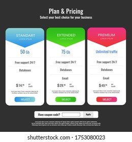 Juego de vectores de planes de negocio de precios. Elemento De Diseño Para El Sitio Web. Colección De Planes De Precios Para Sitios Web Y Aplicaciones. Ilustración del cartel de la tabla de hospedaje