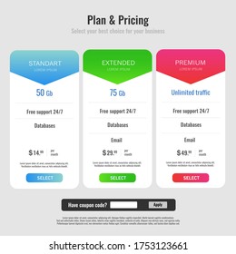 Pricing Business Plans Vector Set. Design Element For Website. Collection Of Pricing Plans For Websites And Applications. Hosting Table Banner Illustration