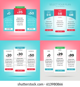Pricing Business Plans Vector Set. Design Element For Website. Collection Of Pricing Plans For Websites And Applications. Hosting Table Banner Illustration