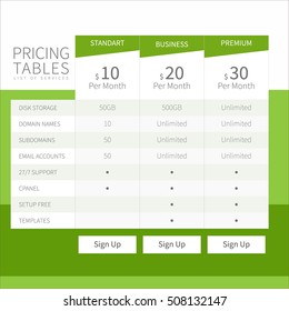 Pricing comparison table set for commercial business web services and applications. Design element interface for website, banners, hosting, ui, ux, mobile app. Vector illustration template.