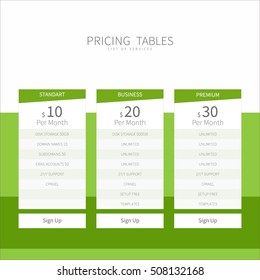 Pricing comparison table set for commercial business web services and applications. Design element interface for website, banners, hosting, ui, ux, mobile app. Vector illustration template.