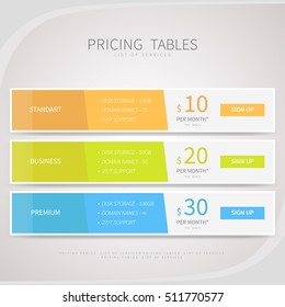 Pricing comparison table set for commercial business web services and applications. Design element interface for website, banners, hosting, ui, ux, mobile app. Vector illustration template.