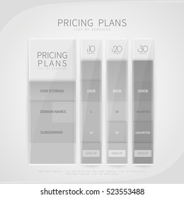 Pricing comparison table set for commercial business web services and applications. Design element interface for website, banners, hosting, ui, ux, mobile app. Vector illustration template.