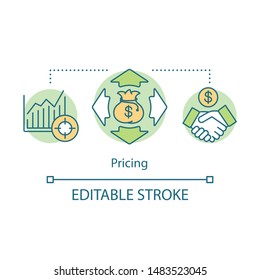 Pricing concept icon. On demand economy benefit idea thin line illustration. Market growth, business competition. Rising graph, money bag and handshake vector isolated outline drawing. Editable stroke