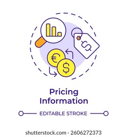 Pricing information multi color concept icon. Financial details of goods analytics. Product data sheet. Round shape line illustration. Abstract idea. Graphic design. Easy to use in presentation