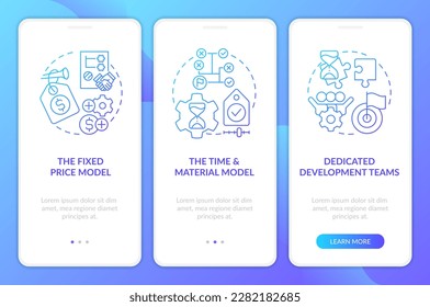 Preismodelle in IT-Outsourcing von blauem Farbverlauf auf mobilen App-Bildschirmen. 3-stufige grafische Anleitungen mit linearen Konzepten. UI, UX, GUI-Vorlage. Myriad Pro-kühne, Standardschriftarten verwendet