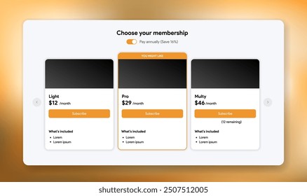 Pricing page template. App subscription plan interface. Application membership description. Light Pro Multy price on webpage. Price chart Vector illustration.
