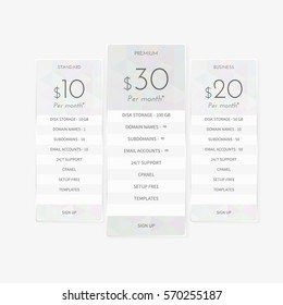 Pricing plan comparison set for commercial business web services and applications. Pricing tables chart interface for website, banners, hosting, ui, ux, mobile app. Vector illustration template.